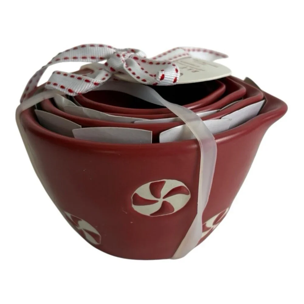 Set of 4 Rae Dunn Peppermints Measuring Cups Ceramic Red Chistine Holiday NEW